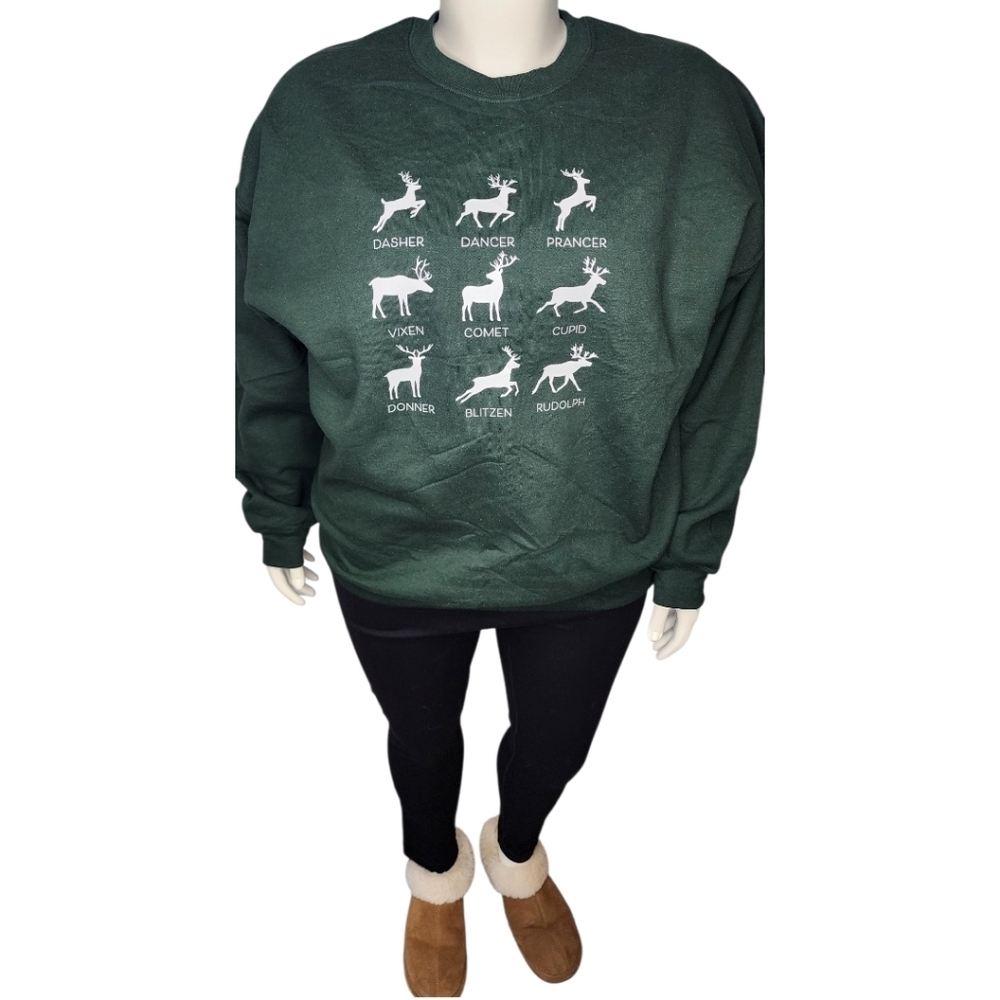 NWT Blonde Ambition Forest Green Reindeer Sweatshirt Cozy Winter Holiday XXL